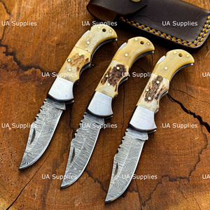 Cuchillo de bolsillo plegable de acero de Damasco hecho a mano de grado industrial con bloqueo trasero, mango de cuerno de ciervo y punta caída, directo de fábrica, de UA Supplies - Product Image 2