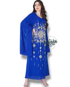 ชุดเดรสยาวสีน้ำเงินรอยัลสำหรับผู้หญิง ผ้าชีฟองโพลีเอสเตอร์ปักลายประณีต ตกแต่งด้วยลูกปัด คอวี แขนยาว ทรงเอไลน์  แบบเรียบร้อย - Product Image 1