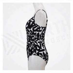 Women's One Piece Swimsuit Black White Plant Print Plunge Neck Ruched High Waist Stretch Swimwear - Product Image 3