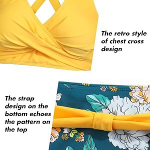 Conjunto de bikini floral estampado, top amarillo con cuello cruzado, parte inferior de cintura alta, traje de baño de dos piezas, ropa de playa, moda de verano - Product Image 5