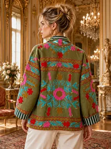 Veste en velours brodé de luxe pour femmes, motif floral, col montant, style bohème ethnique, vêtements décontractés, vêtements d'extérieur pour l'automne - Product Image 2