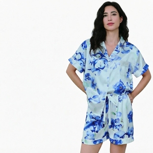 Ensemble de pyjama en satin floral pour femmes, manches courtes, vêtements de nuit d'été, col en V, shorts et chemises, production directe d'usine - Product Image 4