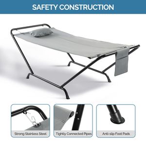 Heavy Duty Outdoor Freestanding Hammock <b>Bed</b> 550LBS with Soft Pillow and Storage <b>Bag</b> Grey - Product Image 6
