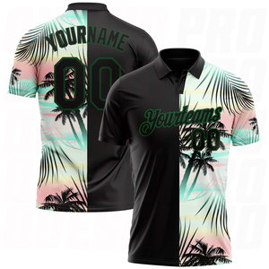 T-shirt personnalisé OEM, t-shirt polo décontracté en polyester à manches courtes pour hommes, noir, vert, tropical, palmiers d'Hawaï - Product Image 1