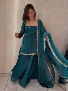 Ensemble Salwar Kameez en soie turquoise avec broderie miroir et dupatta, tenue traditionnelle indienne et pakistanaise pour femmes, idéal pour mariage, remise de diplôme, soirée, taille XL - Product Image 1