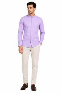Camisa de Hombre Manga Larga, Color Morado Sólido, Popelina, Cierre de Botones, Estilo Casual Elegante, Corte Regular - Product Image 3
