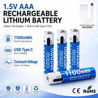 Batterie au lithium rechargeable AAA 1,5 V 1100 mWh, batterie USB Type C, charge rapide à tension constante, OEM