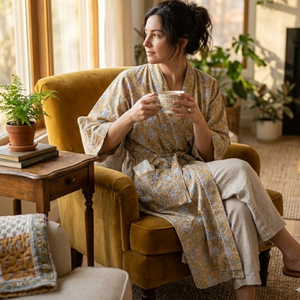 Robe kimono en coton imprimé à la main pour femme, col en V, manches longues, longueur longue, 2 poches avant, cordon de serrage, vêtements de nuit durables - Product Image 6