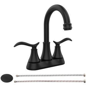 2 Handle 360 Degree Swivel Spout 4 Inch Centerset Bathroom Faucet with Pop Drain Supply Hoses Matt Black Vanity Sink F Accessory - Product Image 1