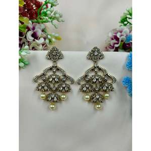 Fashion Chandelier Earrings-Harshita Victorian Premium Indian Ethnic Silver Plated Brass with Zircon Stones for Wedding Occasion - Product Image 6