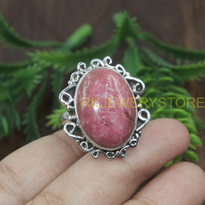Natural Pink Rhodonite Gemstone <b>Ring</b> 925 Sterling Silver Handmade Vintage Oval Cabochon Gemstone <b>Boho</b> Statement Jewelry Gift him - Product Image 4