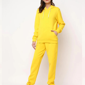 Women's Yellow Hooded Tracksuit Full Sleeve Solid Design Casual Loose Fit <b>Sweatshirt</b> And Pants Set With Side Pockets - Product Image 1