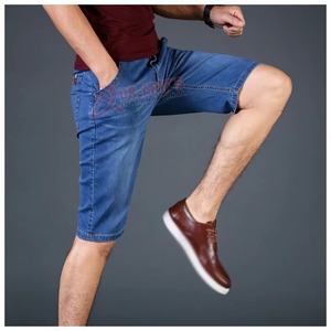 Summer Men's Woven Denim Shorts with Belt & Lace Embroidery Stretch Slim Fit Big Sizes 40-46 Business Casual Blue - Product Image 5