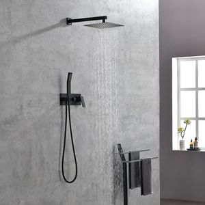 Set Doccia Lusso Nero Opaco in Ottone da 10 Pollici con Soffione a Pioggia, Doccetta e Miscelatore - Sistema Doccia Completo per Bagno - Product Image 4