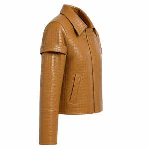 Veste en cuir gaufré croco pour femme, marron, en cuir de crocodile véritable, coupe courte, faite à la main, tendance - Product Image 3