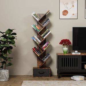 Modern Free Standing 9-Tier Tree Bookshelf Drawers Rustic Brown Utility <b>Organizer</b> <b>Shelves</b> for Home Office Living Room <b>Book</b> - Product Image 1