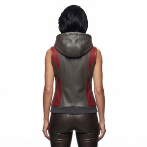 Chaleco de cuero OEM sin mangas para mujer, 100% cuero, con cremallera frontal, chaleco con capucha de cuero para mujer - Product Image 2