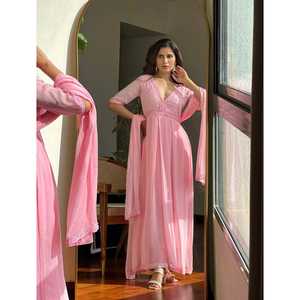 Vestido Anarkali de Diseño en Línea A para Fiesta con Bordado Chikankari, Cintura Imperio, Hecho de Chifón - Product Image 5