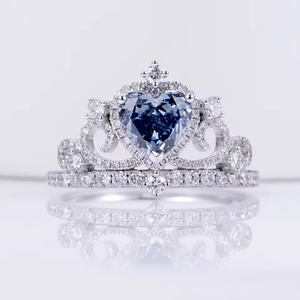 Bague de fiançailles en platine avec diamant bleu fantaisie taille cœur et bande pavée de diamants, certifiée IGI, style romantique, bijoux pour femme - Product Image 1