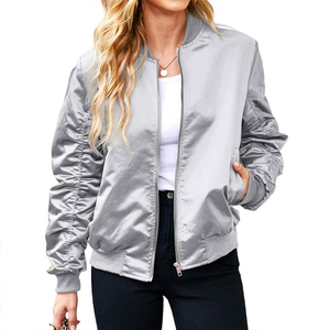 Womens Luxury Silver Satin Bomber <b>Jacket</b> Ruched Sleeve Zipper Up Casual Lightweight Flight <b>Jacket</b> Shiny Grey Outerwear Fashion - Product Image 1