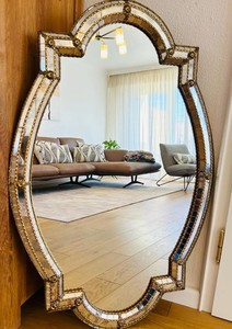 A unique, extra-large Venetian <b>mirror</b>/wall <b>mirror</b> <b>with</b> brass trim and a three-layered mosaic <b>crystal</b> <b>mirror</b>! Extra-large size. - Product Image 1