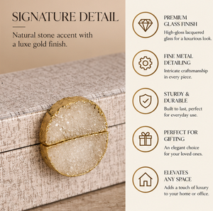 Boîte de rangement pour bijoux en verre beige lin avec accent en pierre naturelle, bordure dorée, finition brillante, doublure douce, organisateur décoratif pour souvenirs - Product Image 2