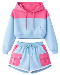 Ensemble crop top à capuche et short color block rose et bleu pour femme, avec poches, tenue décontractée deux pièces en molleton de coton, vente en gros fabricant - Product Image 1