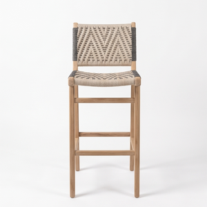 Tabouret de bar en teck massif avec assise et dossier en corde tressée, design contemporain moderne pour usage commercial dans les cafés - Product Image 1