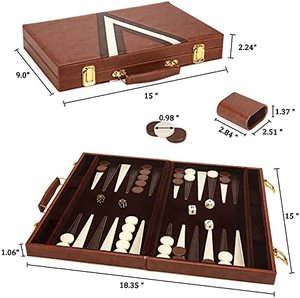 Leather Backgammon Board Game <b>Set</b> Foldable Travel Case with Dice and Checkers Brown and White Design - Product Image 4