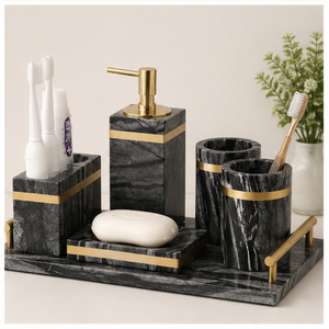 Luxury Natural Black Marble <b>Bathroom</b> <b>Accessories</b> <b>Set</b> 6-Piece with Gold Inlay Soap Dispenser Tray and Toothbrush Holder - Product Image 4