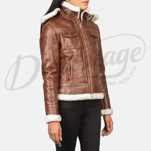 Chaqueta con Capucha de Cuero Genuino Marrón para Mujer, con Ribete de Piel Sintética Blanca, Corte Ajustado, Piel de Oveja Premium, Abrigo de Invierno Estilo Biker, a la Moda - Product Image 3