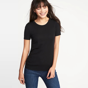 Camiseta de Cuello Redondo de Algodón Negro para Mujer, Corte Ajustado, Informal, Manga Corta, Color Sólido, Tejido de Punto Jersey, para Todas las Temporadas - Product Image 1