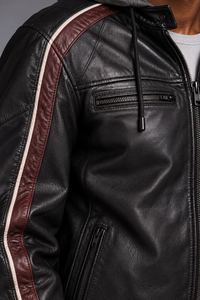 Chaqueta de cuero para hombre con capucha, negra, estilo vintage, para motociclista, con mangas a rayas personalizadas, con cremallera, estilo streetwear, para hombre. - Product Image 6