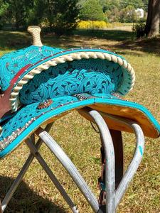 Sillín de caballo de cuero turquesa 2025, logotipo personalizado, producto de carreras duradero de alta calidad para Western English Trail Horse Type-Made - Product Image 2