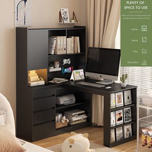 Scrivania Moderna a L per Ufficio Domestico con Luce LED, Cassetti e Libreria per Studio - Product Image 2