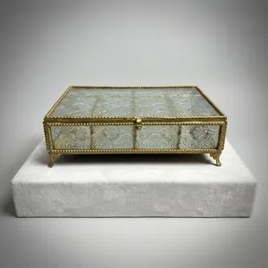 ARTISAN DESIGN Luxury Embossed Glass <b>Jewelry</b> Box Gold Metal Frame <b>Mirror</b> Decorative <b>Storage</b> Keepsake Box Vanity Organizer - Product Image 3