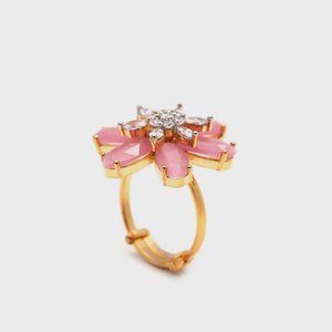 Rose Quartz Flower <b>Ring</b> <b>Gold</b> Plated Pink Crystal Floral Statement <b>Cocktail</b> <b>Ring</b> Handmade Jewelry Wholesale Price - Product Image 1