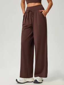 Pantalon d'été taille haute pour femme, coupe large, couleur unie, avec cordon de serrage, ample, longueur totale, décontracté, respirant, coupe-vent, séchage rapide - Product Image 6