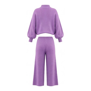 Conjunto de Cárdigan de Punto Informal y Pantalones Anchos de Punto, Conjunto de Dos Piezas de Punto para Mujer, Color Sólido, para Primavera y Otoño - Product Image 2