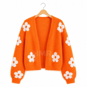 HMR Sisterhood Sorority Acrylic Custom Wholesale <b>Orange</b> Floral Knitted <b>Cardigan</b> Long Sleeve V-Neck Casual Top - Product Image 5