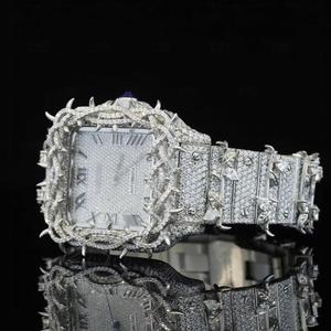 Montre carrée en acier inoxydable avec mouvement ETA, bracelet de 20 mm, cadran en verre, aiguilles, diamants Moissanite, style Hip Hop, montres de luxe argentées glacées - Product Image 4