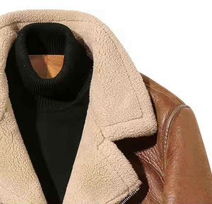 Veste d'hiver en cuir brun clair de qualité supérieure avec col en fourrure crème contrastant, fermeture éclair asymétrique, style aviateur décontracté pour homme, manteau chaud - Product Image 4