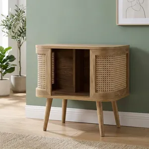 Table de chevet en bois massif et rotin tressé à la main, meuble de rangement compact pour salon et chambre à coucher - Product Image 5