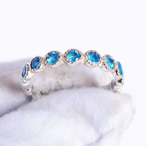 S925 Sterling <b>Silver</b> Eternity <b>Band</b> <b>Ring</b> With Blue Crystal Rhinestones Bezel Set Classic Style Women's Everyday Wear Fine Jewelry - Product Image 5
