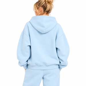 Sweat à capuche oversize pour femme, bleu clair uni, en polaire, manches longues, avec poches, longueur standard, pour l'automne, 350 g/m² - Product Image 4