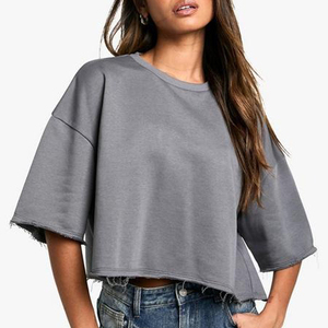 Camiseta Corta de Algodón 100% con Diseño Personalizado, Top Corto Liso para Mujer, Top Corto Transpirable con Hombros Caídos para Verano - Product Image 1