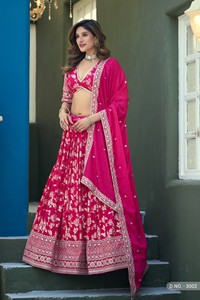 Magenta Dola Silk Semi-<b>Stitched</b> Lehenga Choli with Heavy Embroidery Work Modern Design for Party Wedding & Diwali Occasions - Product Image 5