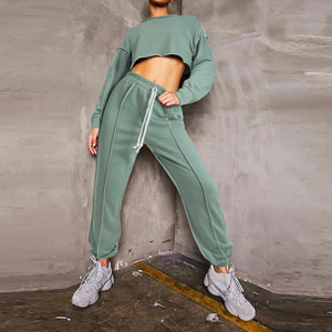 Women's 2-Piece <b>Knitted</b> Fleece Tracksuit <b>Set</b> O-Neck Crop Top Drawstring Pants Solid Color Casual Regular Mesh Winter 100% Cotton - Product Image 3