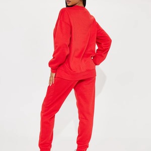 Ensemble sweat-shirt et pantalon de jogging en polaire rouge pour femme, col rond, manches longues, couleur unie, coupe ample décontractée, tenue assortie toutes saisons - Product Image 2