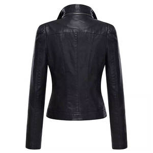 Chaqueta de Motociclista de Cuero PU para Mujer, Cuello Alto, Manga Larga, Cierre de Cremallera, Color Sólido, Otoño - Product Image 3